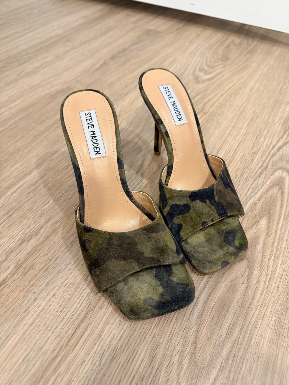 Steve Madden Camo Suede Open-Toe Mule Heels